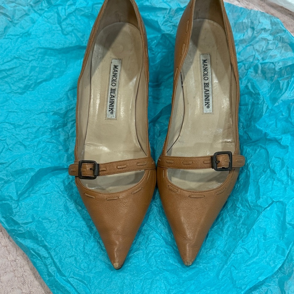 Manolo Blahnik Tan Pointed-Toe Leather Mary Jane Pumps